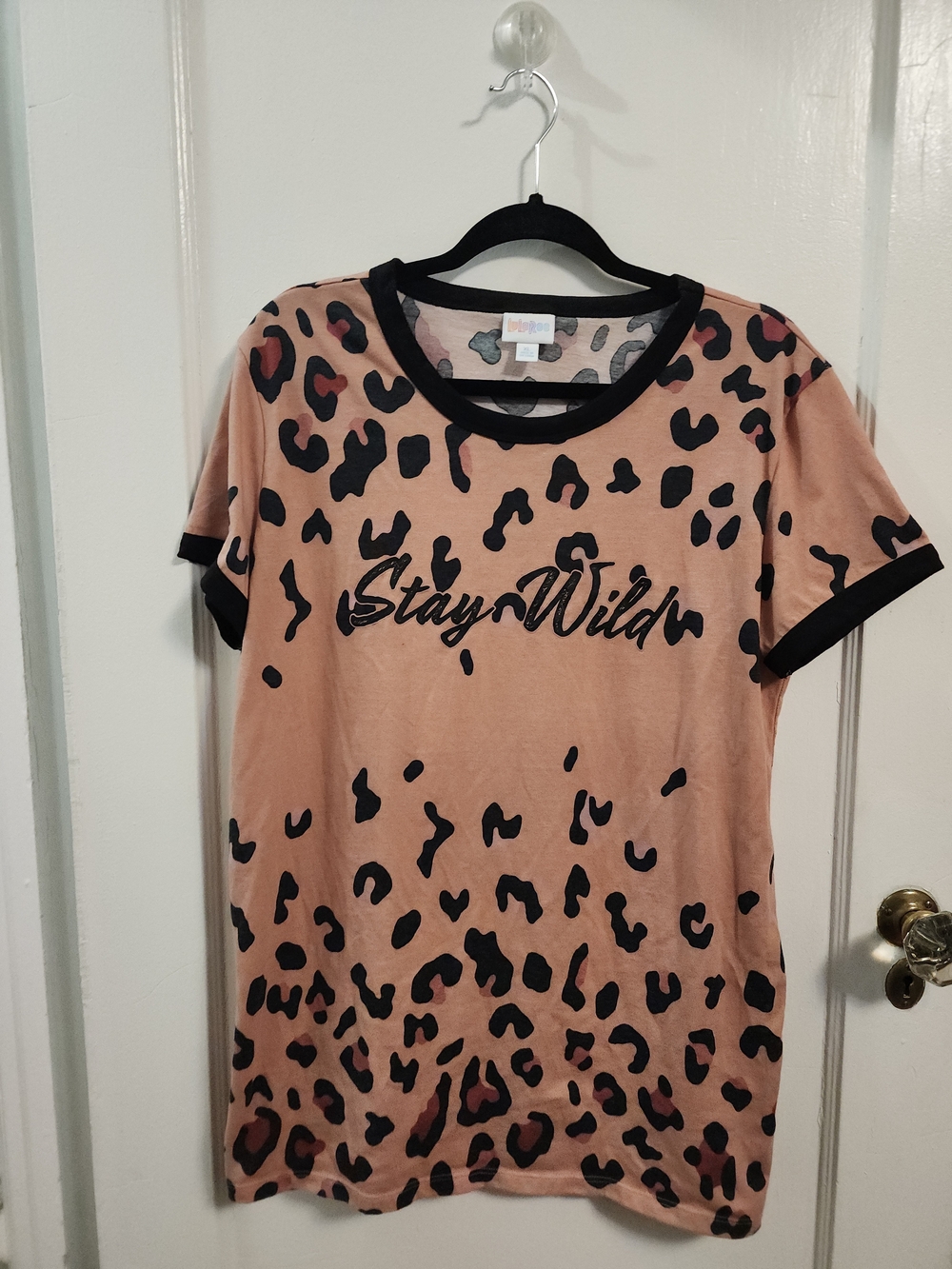 LuLaRoe Pink Leopard Print Tee with Black Trim